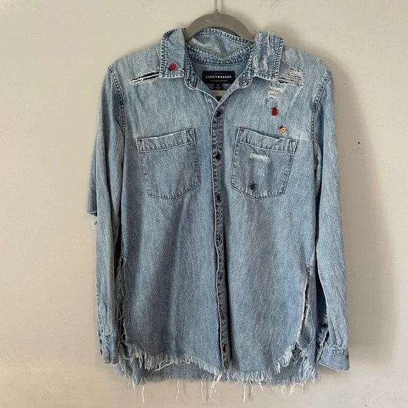 Lucky Brand Distressed Denim Shirt  Embroidery Bugs - Picture 2 of 9